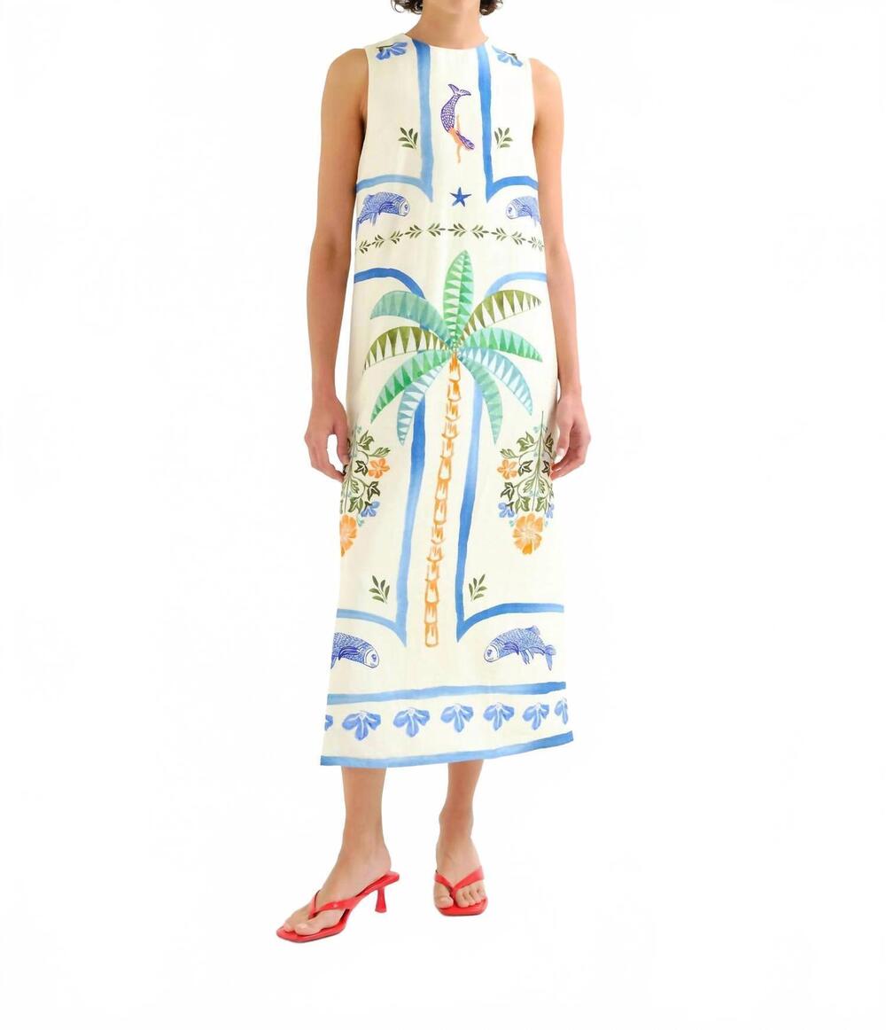 NEW COMPANIA FANTASTICA palms and mermaid sleeveless midi dress in cream
